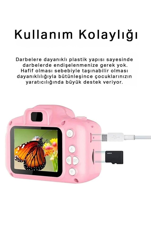 Dijital Fotoğraf Makinesi Çocuk Mini 1080p Hd Kamera Selfiee (Pembe)