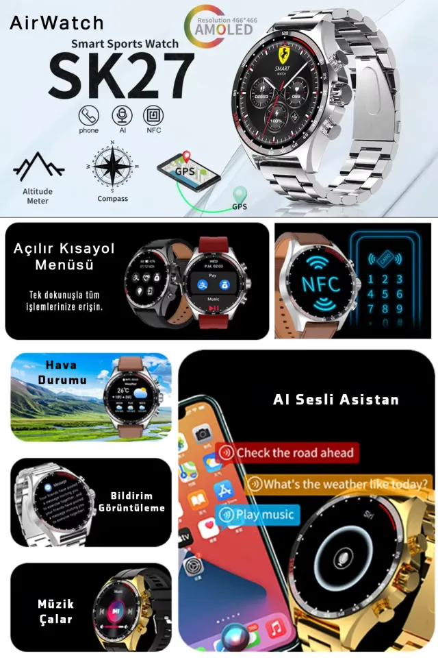 SK27 Business Amoled Ekran Hediye Kordonlu Ios &Andorid Uyumlu Akıllı Saat