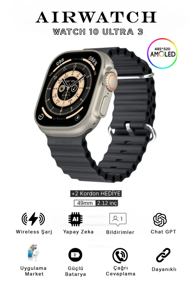 HK 10 Ultra 3 Amoled Ekran Akıllı Saat IOS & Android Tüm Telefonlara Uyumlu Smartwatch (Gri)