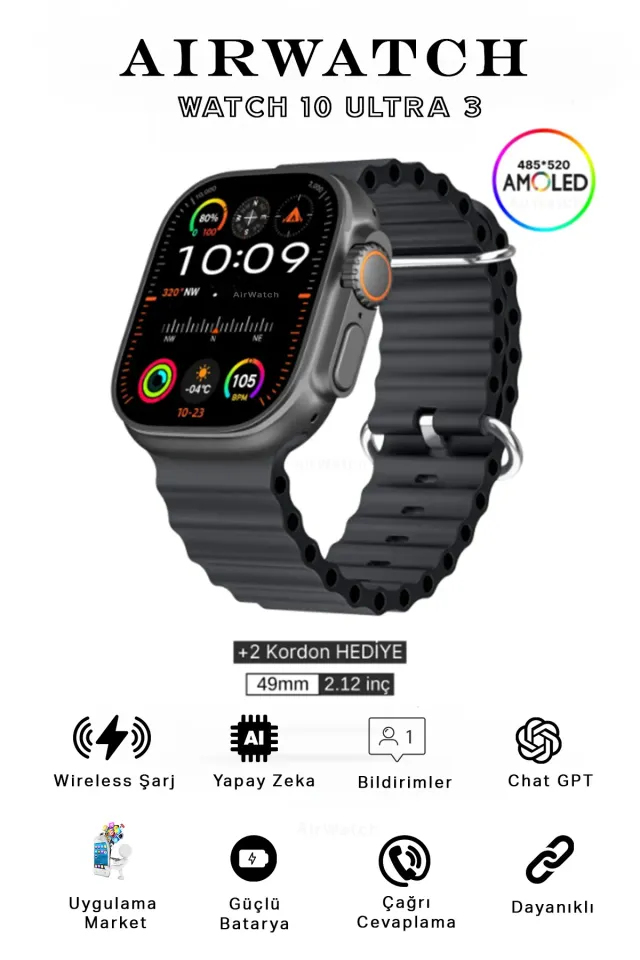 HK 10 Ultra 3 Amoled Ekran Akıllı Saat IOS & Android Tüm Telefonlara Uyumlu Smartwatch (Siyah)