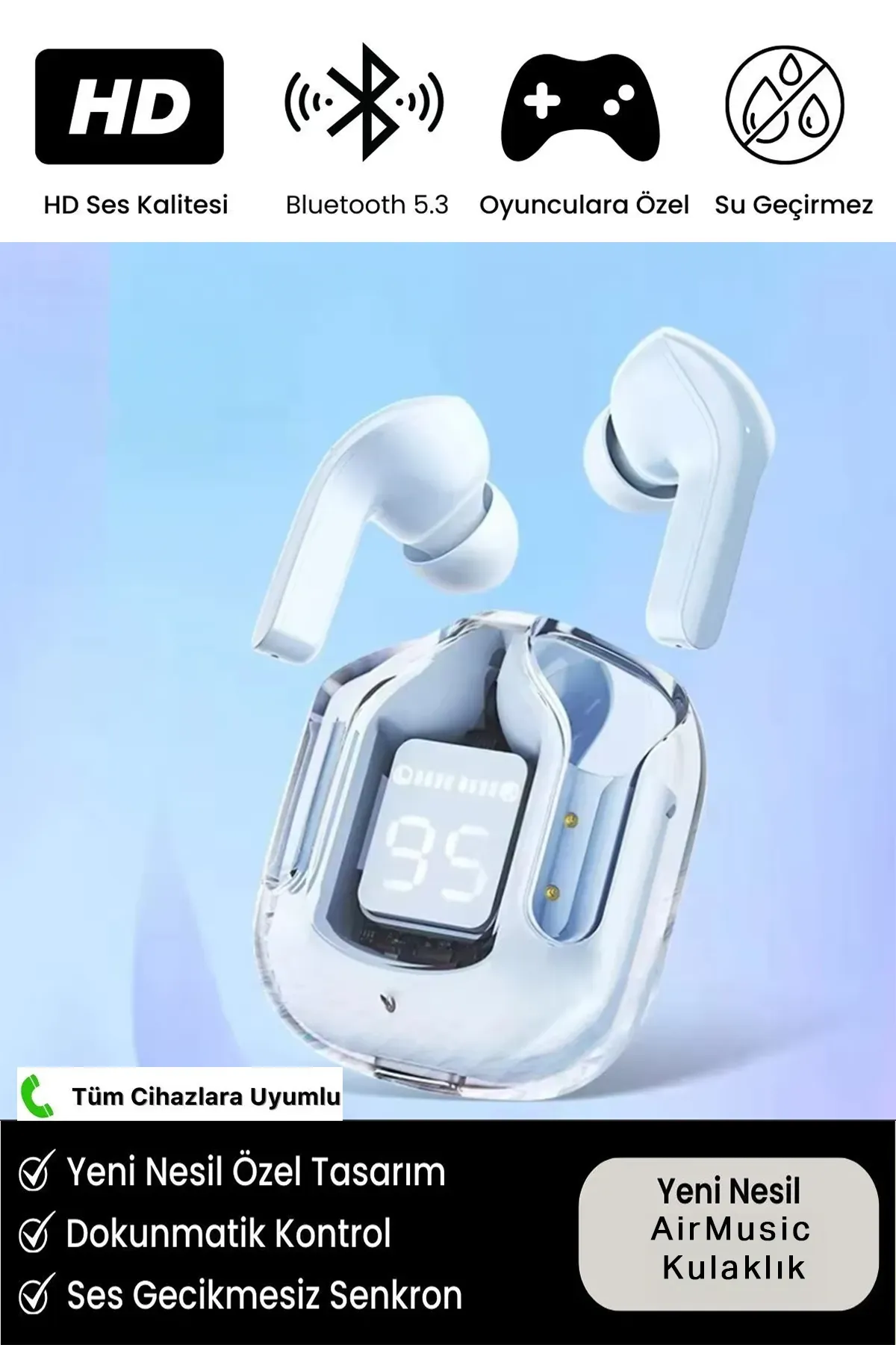 Air77 Bluetooth Kulaklık 8d Stereo Şeffaf LED ekran [ios-Android] Uyumlu Kulaklık