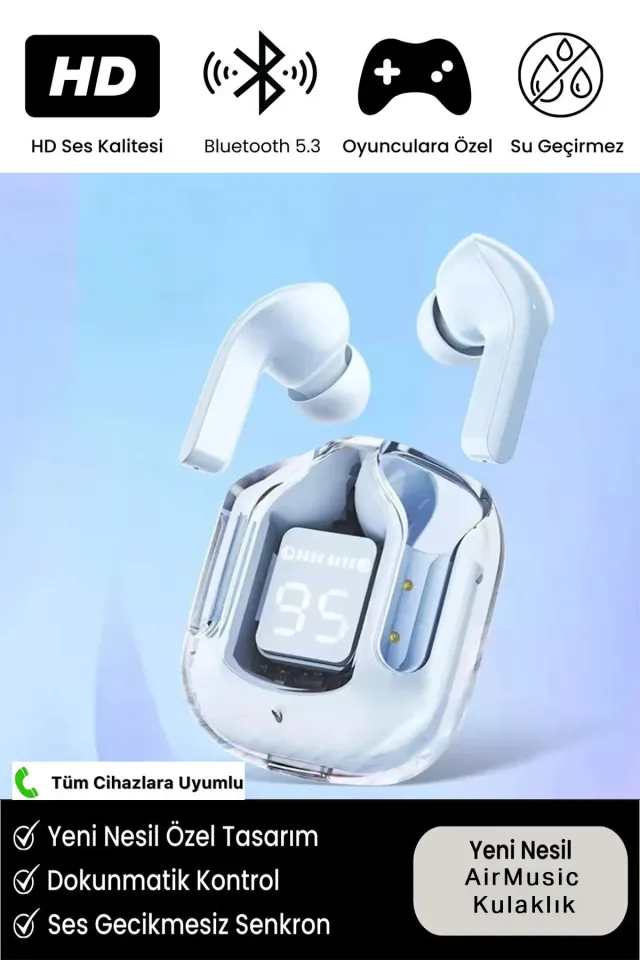 Air77 Bluetooth Kulaklık 8d Stereo Şeffaf LED ekran [ios-Android] Uyumlu Kulaklık