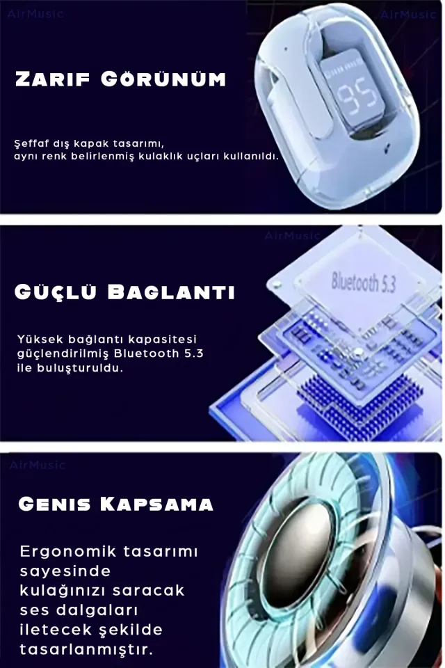 Air77 Bluetooth Kulaklık 8d Stereo Şeffaf LED ekran [ios-Android] Uyumlu Kulaklık