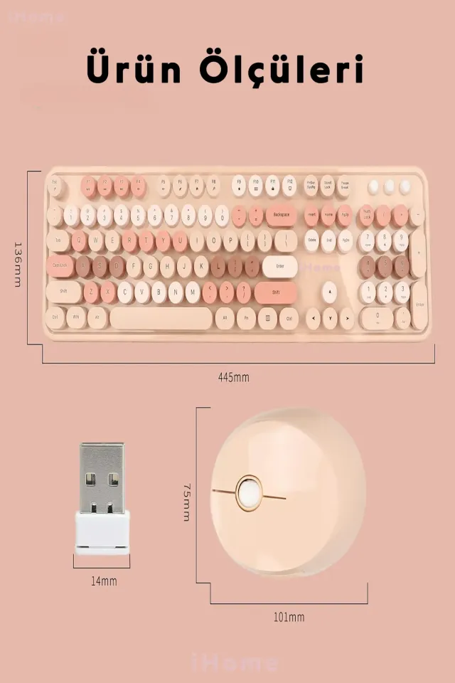 Renkli Daktilo Tarzı Vintage Mekanik Klavye Mouse PC Laptop Uyumlu Kablosuz (Kahverengi)