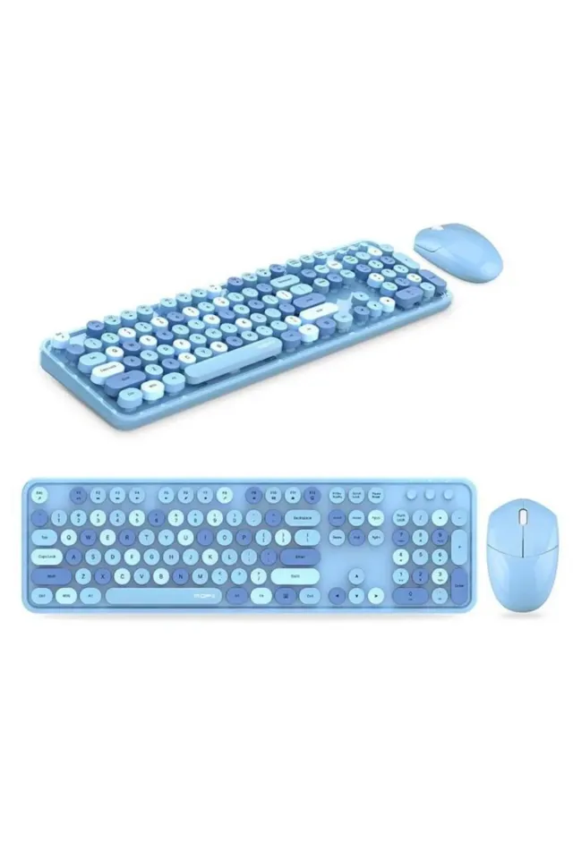 Renkli Daktilo Tarzı Vintage Mekanik Klavye Mouse PC Laptop Uyumlu Kablosuz (Mavi)