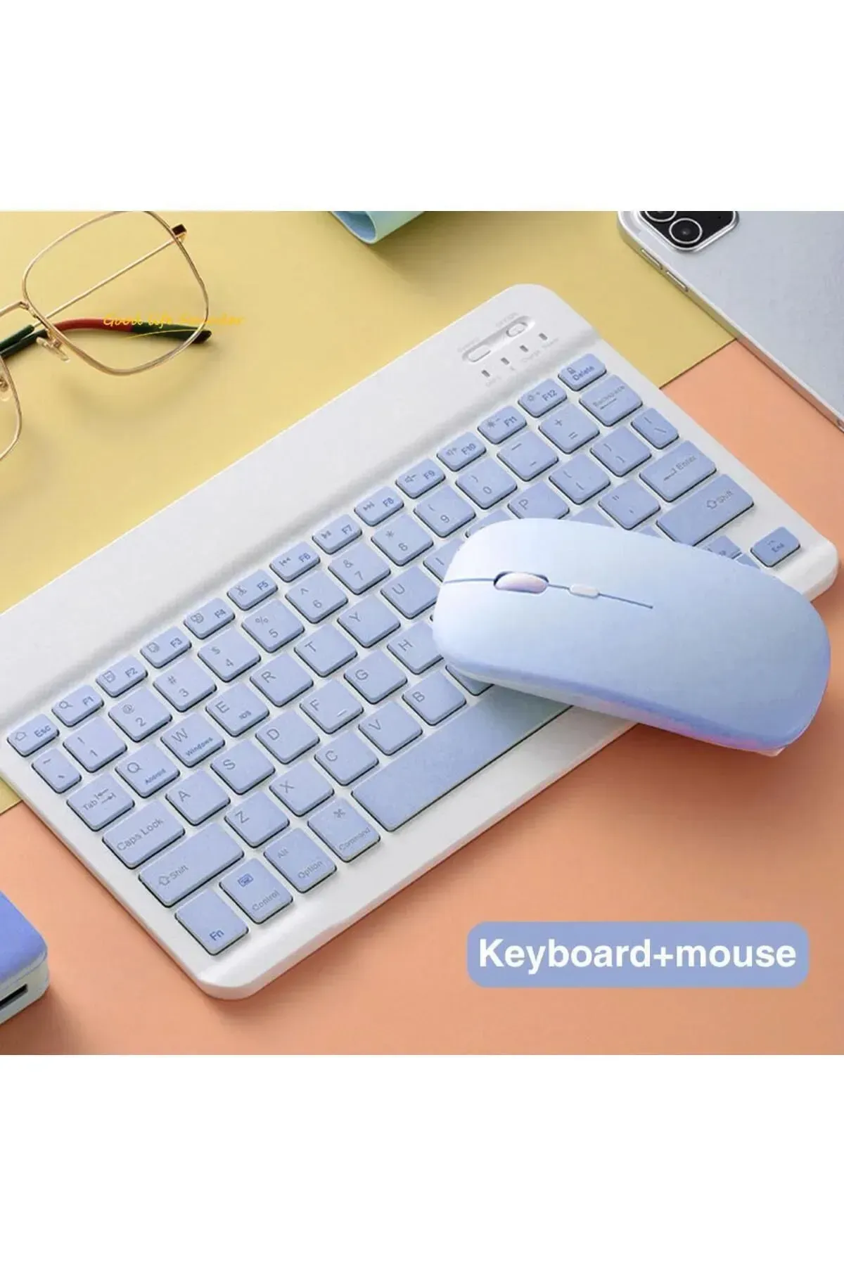 IPad Xiaomi Samsung Huawei Tablet Laptop Uyumlu Renkli Bluetooth Bağlantılı Klavye+Mouse Set (Mavi)