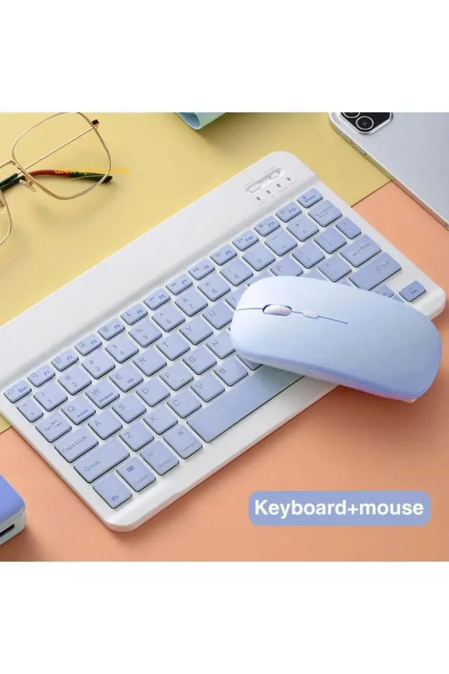 IPad Xiaomi Samsung Huawei Tablet Laptop Uyumlu Renkli Bluetooth Bağlantılı Klavye+Mouse Set (Mavi)