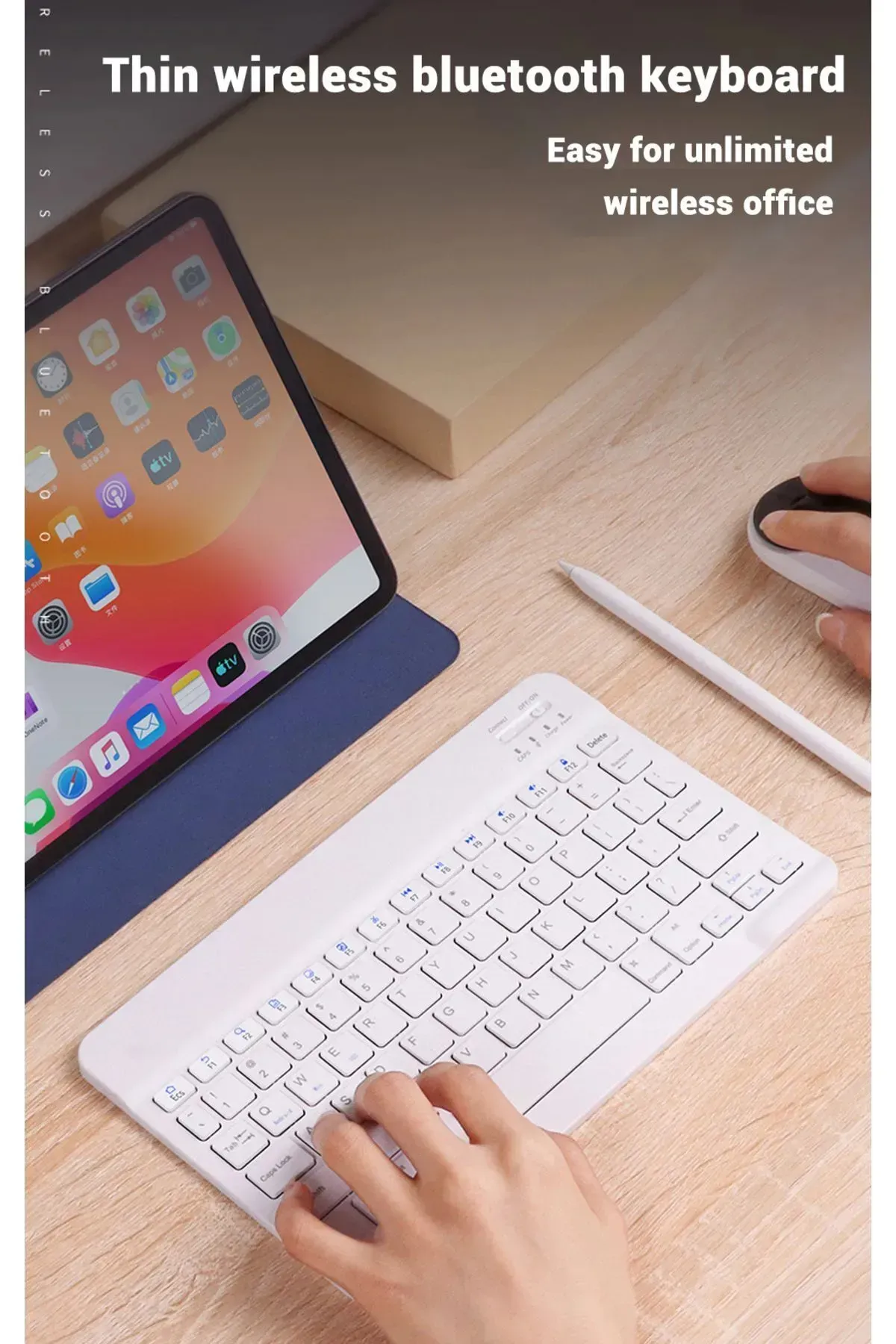 IPad Xiaomi Samsung Huawei Tablet Laptop Uyumlu Renkli Bluetooth Bağlantılı Klavye+Mouse Set (Beyaz)