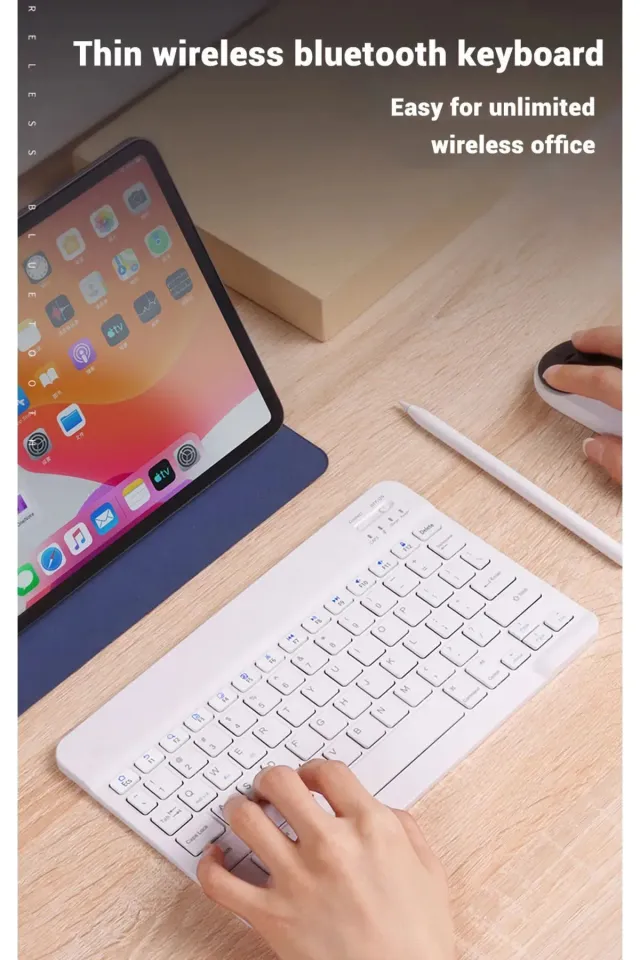 IPad Xiaomi Samsung Huawei Tablet Laptop Uyumlu Renkli Bluetooth Bağlantılı Klavye+Mouse Set (Beyaz)