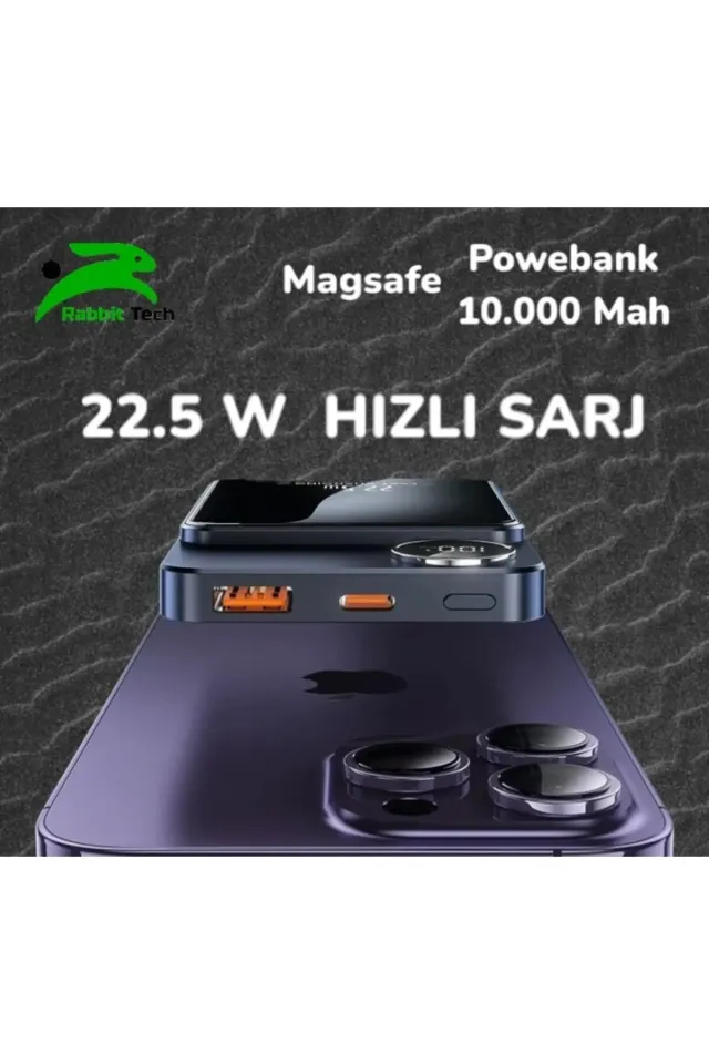 RabbitTech Magsafe Powerbank 22.5W Hızlı Şarj Destekli 10.000mah Manyatik Magsafe Özelikli (Siyah)