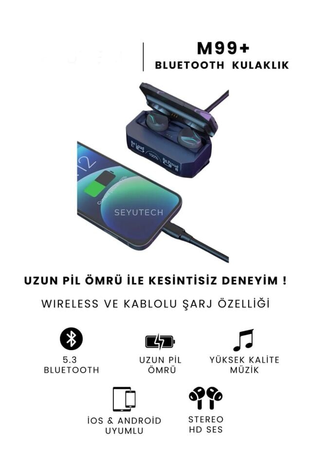 M99 Plus+ Oyuncu Kulaklığı Ios Ve Android Tüm Telefonlara Uyumlu ENC Mod Aktif Bluetooth Kulaklık (Siyah)