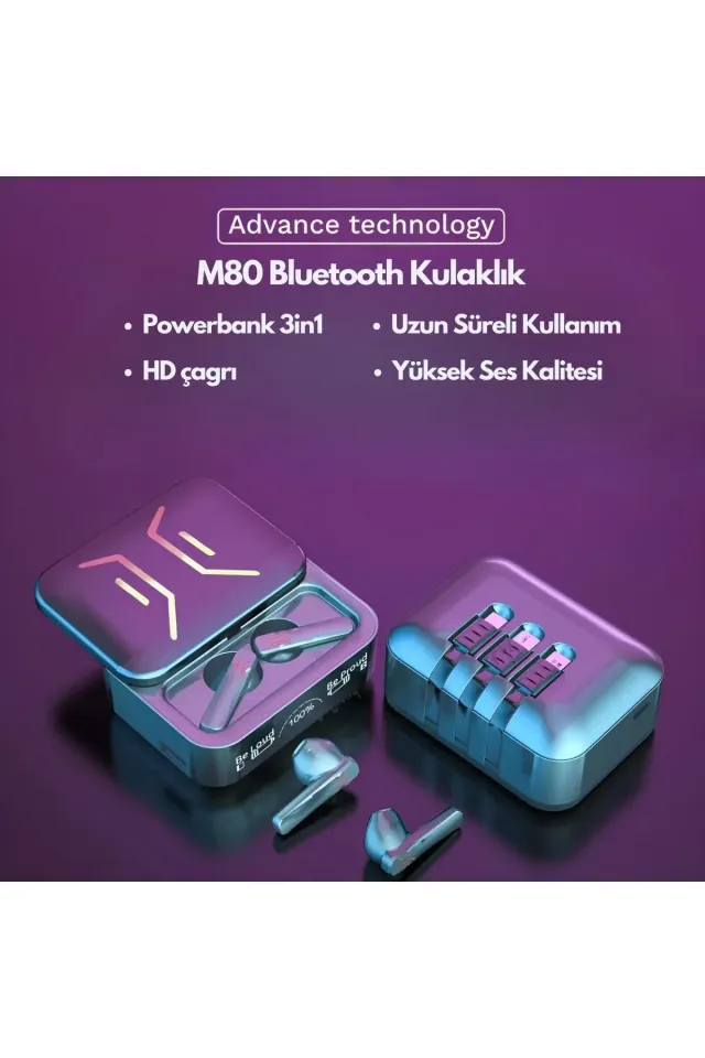 M80 Powerbankli Kablosuz Dokunmatik Mikrofonlu Bluetooth Kulaklık İos Android Uyumlu