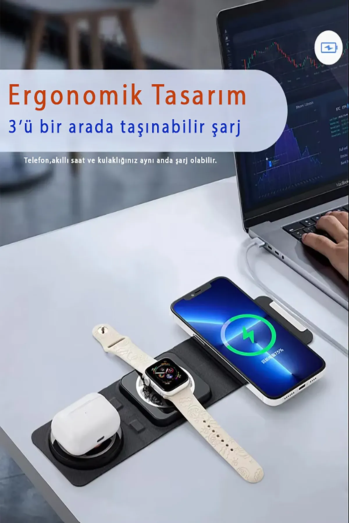 Katlanabilir Üçü Bir Arada Magsafe Kablosuz Wifi Taşınabilir Şarj Aleti (Siyah)