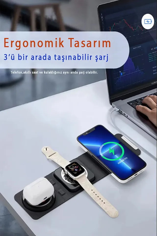 Katlanabilir Üçü Bir Arada Magsafe Kablosuz Wifi Taşınabilir Şarj Aleti (Siyah)