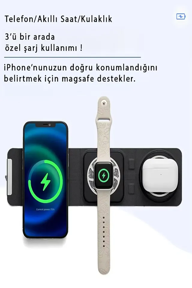 Katlanabilir Üçü Bir Arada Magsafe Kablosuz Wifi Taşınabilir Şarj Aleti (Siyah)