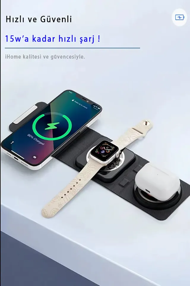 Katlanabilir Üçü Bir Arada Magsafe Kablosuz Wifi Taşınabilir Şarj Aleti (Siyah)