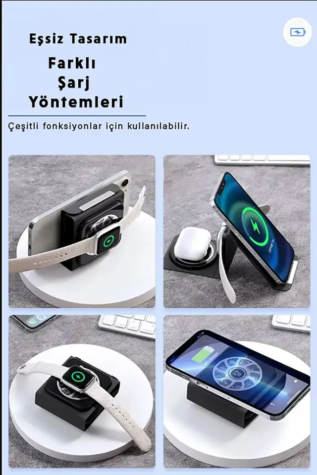Katlanabilir Üçü Bir Arada Magsafe Kablosuz Wifi Taşınabilir Şarj Aleti (Siyah)