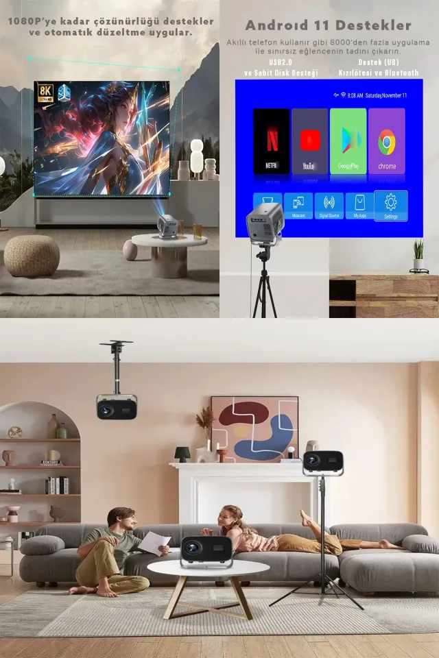 Taşınabilir Sinema Dizi Film Projeksiyon WiFi & BT 1080P/2K/4K Ev Sineması Dahili Android 11