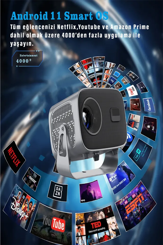 Taşınabilir Sinema Dizi Film Projeksiyon WiFi & BT 1080P/2K/4K Ev Sineması Dahili Android 11